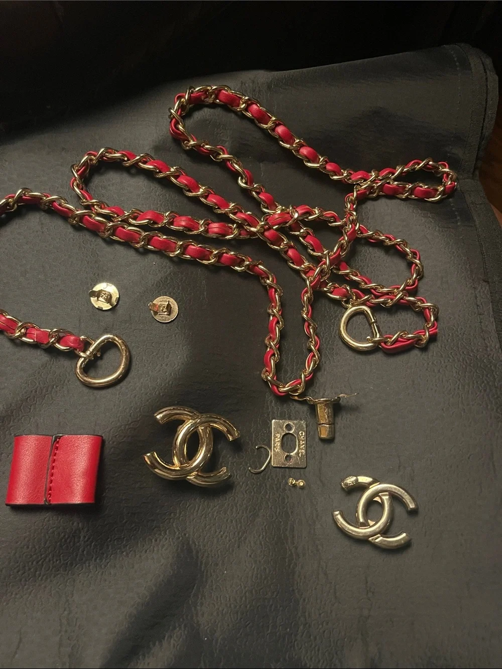 Classy designer-Inspired Red Leather & Gold Chain Strap with C Logo Accents